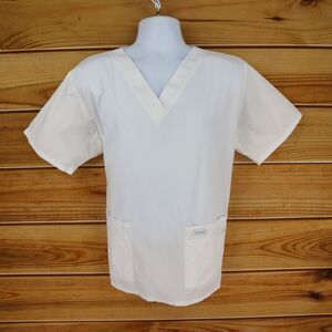 Landau Scrub Top Shirt Mens Size XL White Polyester Blend Pockets‎ Short Sleeve